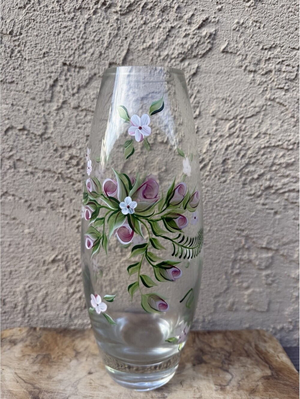 Vintage Hand Painted Glass Vase Pink Floral Flowers Art Deco Style 10 Inch